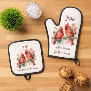 Christmas Red Cardinal Jesus Reason for Season Oven Mitt & Pot Holder Set