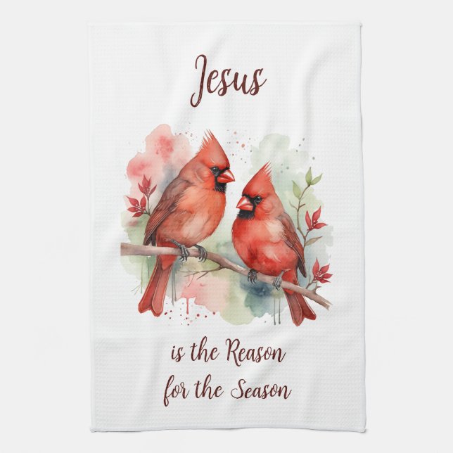 Christmas Red Cardinal Jesus Reason for Season Tea Towel (Vertical)