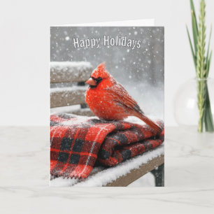 Christmas Red Cardinal on a Snowy Plaid Blanket Card