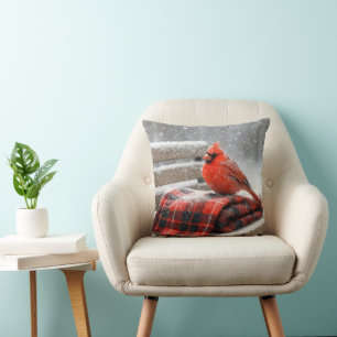 Christmas Red Cardinal on a Snowy Plaid Blanket Cushion