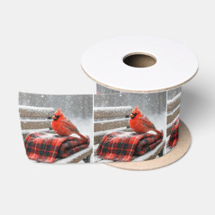 Christmas Red Cardinal on a Snowy Plaid Blanket Satin Ribbon