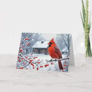 Christmas Red Cardinal On Berry Branch Card