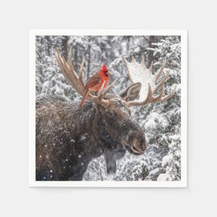 Christmas Red Cardinal On Snowy Moose Antlers Napkin