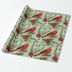 Christmas Red Cardinal, Poinsettia, Berries   Wrapping Paper