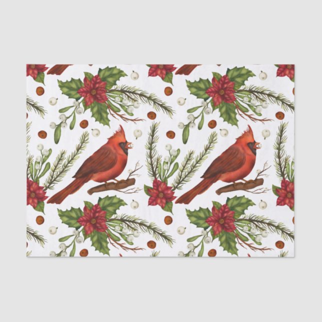 Christmas Red Cardinal Poinsettia Green Pine Tissue Paper (Front)