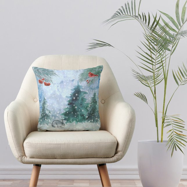 Christmas Red Cardinal Rabbit Landscape Watercolor Cushion (Creator Uploaded)