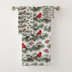 Christmas Red Cardinal Snowy Evergreen Bath Towel Set