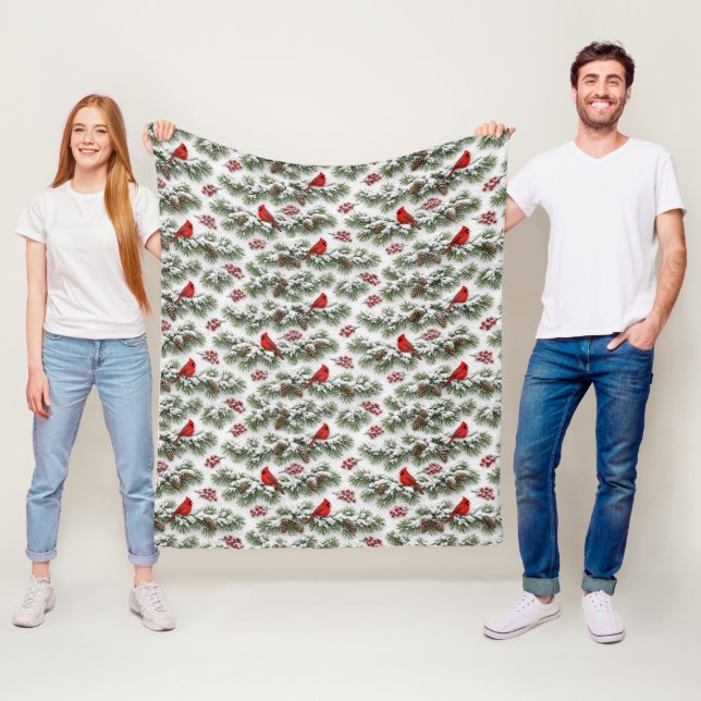 Christmas Red Cardinal Snowy Evergreen Fleece Blanket (In Situ)