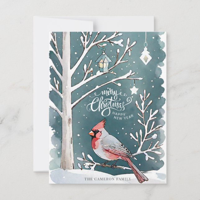 Christmas Red Cardinal Winter Landscape Flat Holiday Card (Front)