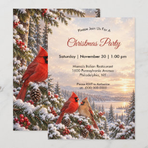 Christmas Red Cardinals Pair Snowy Evergreen Invitation