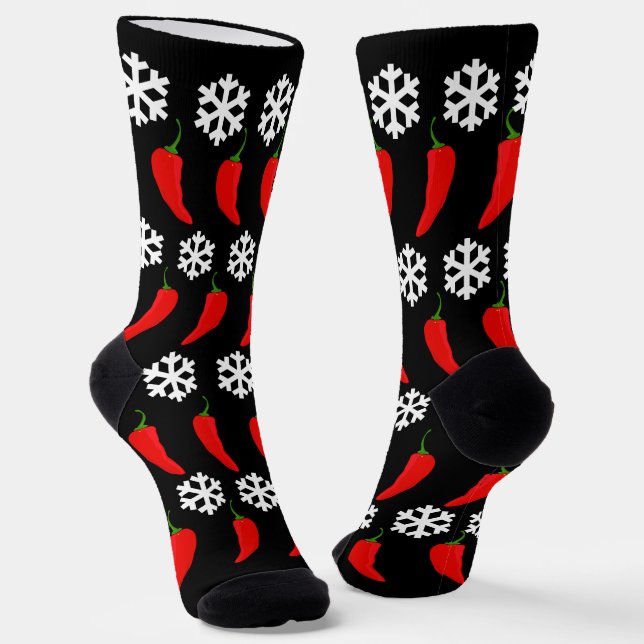 Christmas Red Chilli Peppers and Snowflakes Socks (Angled)