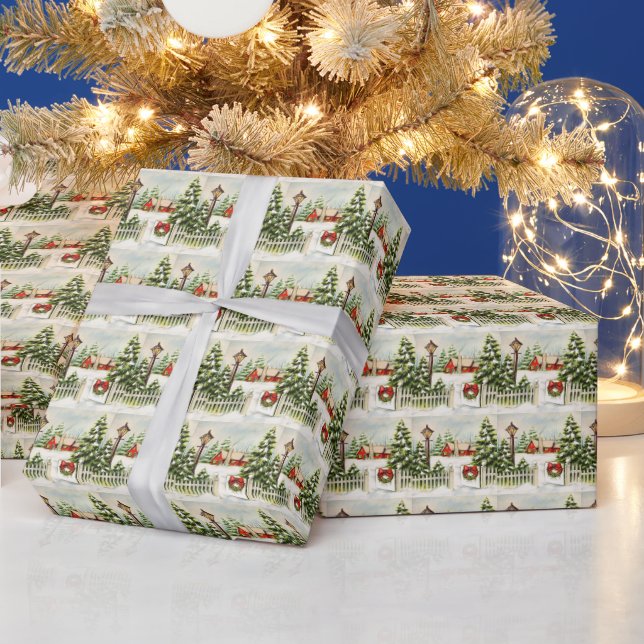  Christmas Red Cottage Lantern Pine Trees   Wrapping Paper (Holidays)