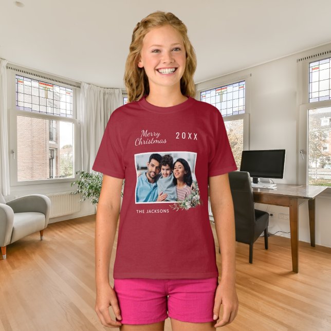 Christmas red family photo cone pine name girl T-Shirt (Creator Uploaded)