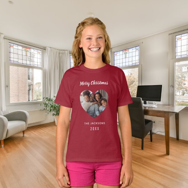 Christmas red family photo heart name girl T-Shirt (Creator Uploaded)
