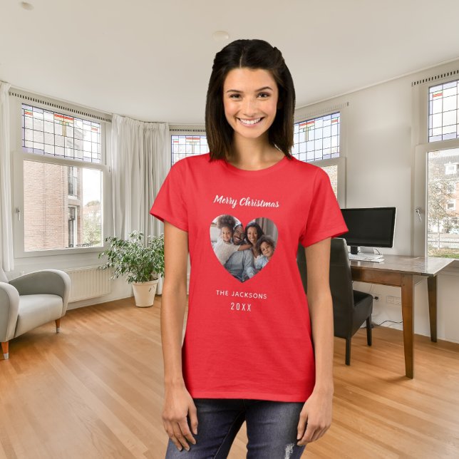 Christmas red family photo heart name T-Shirt (Creator Uploaded)
