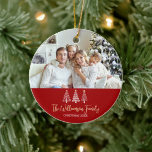 Christmas Red Family Photo Playful Trees Script Ceramic Tree Decoration