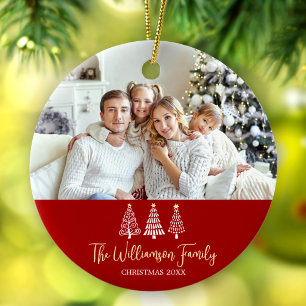 Christmas Red Family Photo Playful Trees Script Ceramic Tree Decoration