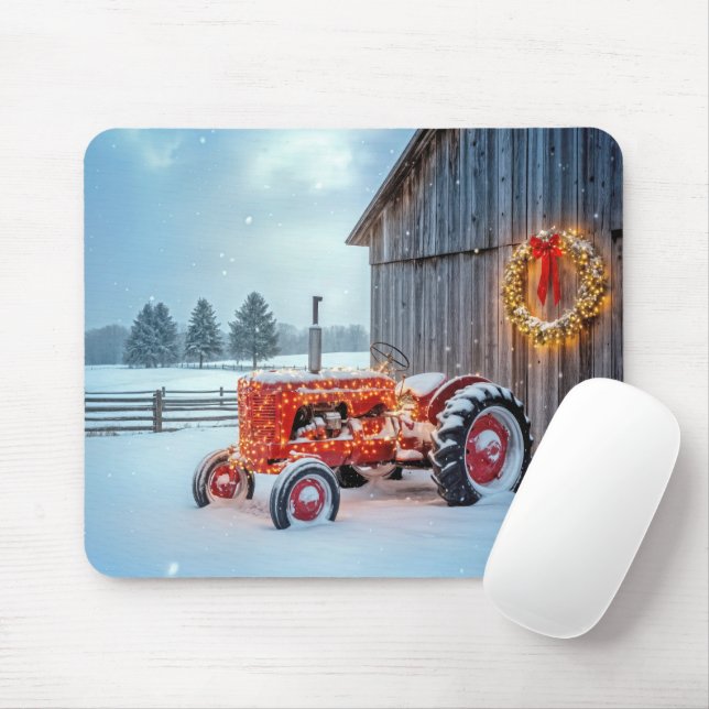 Christmas Red Farm Tractor In Snow Mouse Pad (With Mouse)