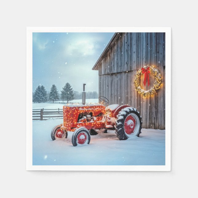 Christmas Red Farm Tractor In Snow Napkin (Front)