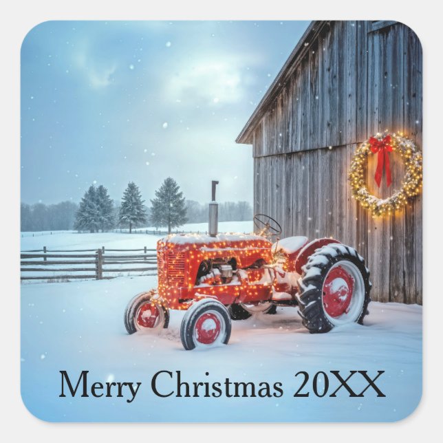 Christmas Red Farm Tractor In Snow Square Sticker (Front)