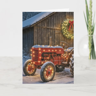 Christmas Red Farm Tractor With Glowing Wreath Card