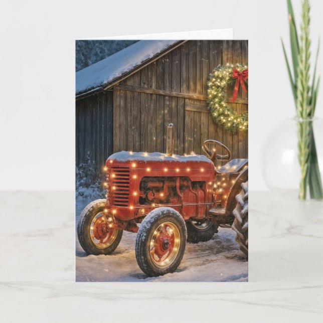Christmas Red Farm Tractor With Glowing Wreath Card (Front)