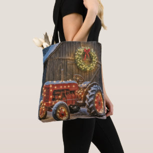 Christmas Red Farm Tractor With Glowing Wreath Tote Bag