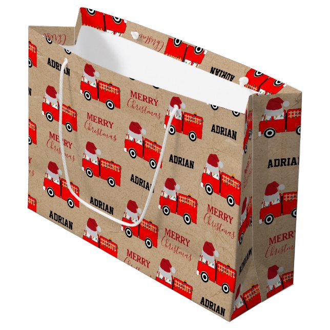 Christmas Red Fire Truck Custom Name Kraft Large Gift Bag (Front Angled)