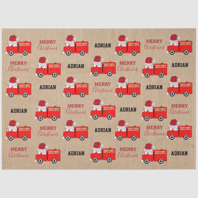 Christmas Red Fire Truck Custom Name Kraft  Tissue Paper (Front)