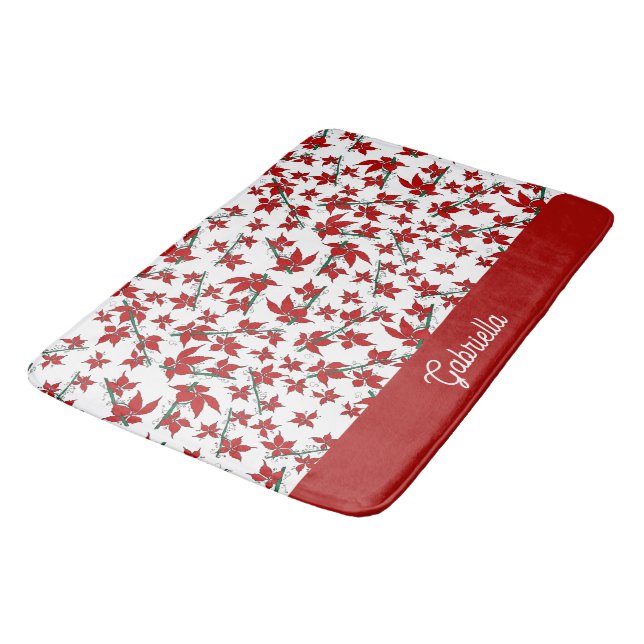 Christmas red floral botanical bath mat (Angled)