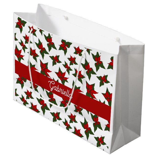 Christmas red floral botanical custom name large gift bag (Front Angled)