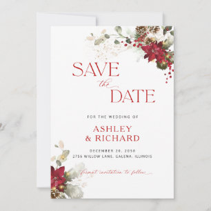 Christmas Red Floral Wedding Save The Date Card