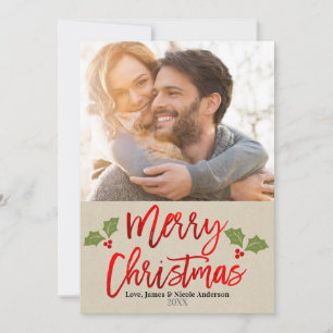 Christmas Red Foil Modern Script Holiday Photo Card