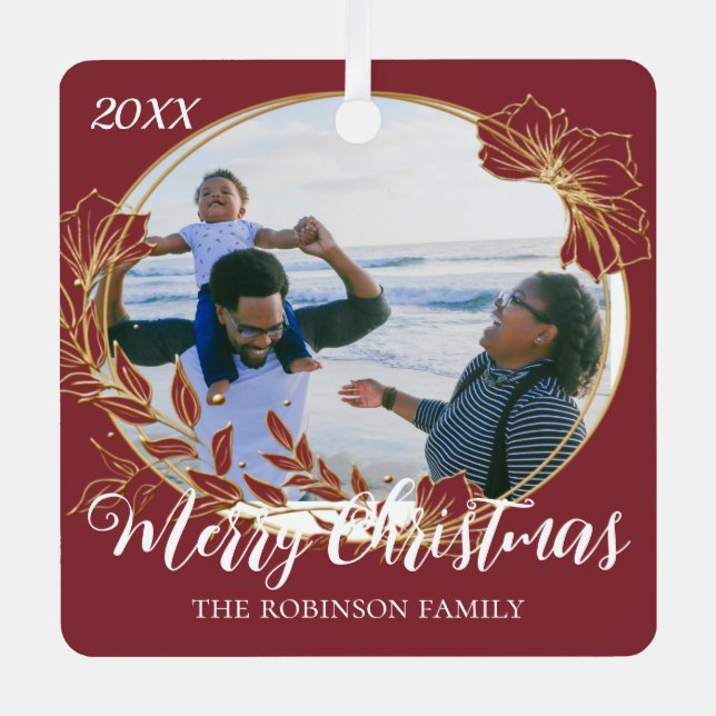 Christmas Red Foliage Framed Custom Family Photo  Metal Tree Decoration (Front)
