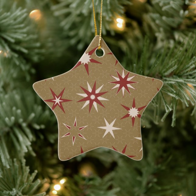  Christmas Red Geo Stars - on gold pattern. Ceramic Tree Decoration (Tree)
