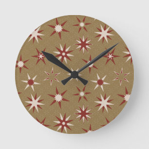  Christmas Red Geo Stars - on gold pattern. Round Clock
