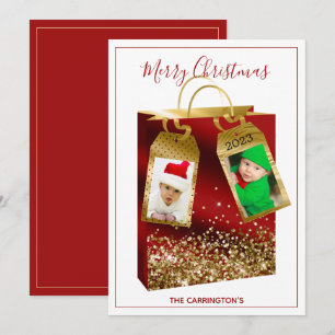 Christmas Red Glitter Gold Two Photo Holiday Card