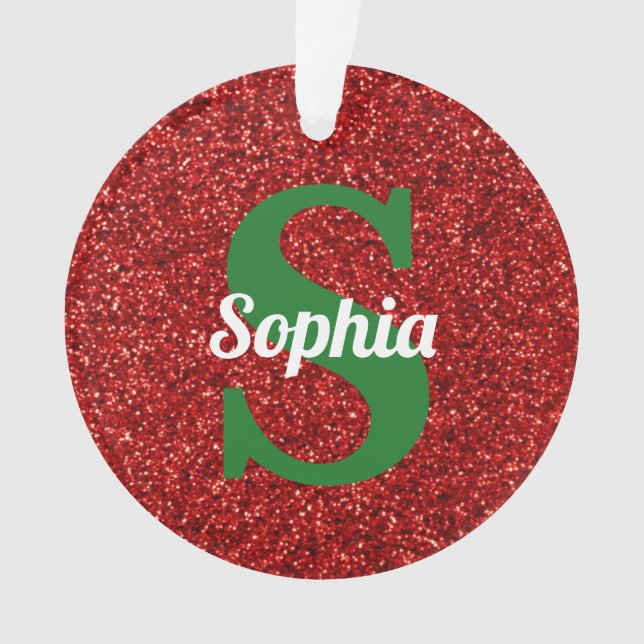 Christmas Red Glitter Initial Monogram Name Ornament (Front)