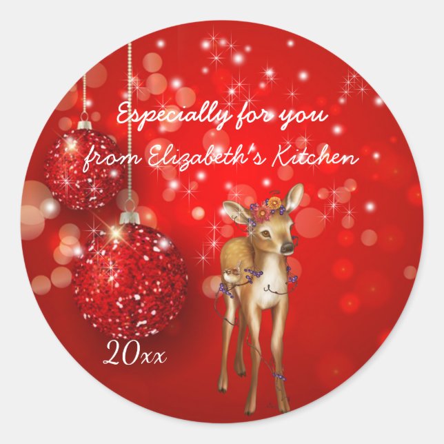 Christmas, Red Glitter Ornaments,  Custom, Holiday Classic Round Sticker (Front)