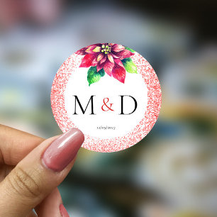Christmas Red Glitter Poinsettia Initials Wedding Classic Round Sticker