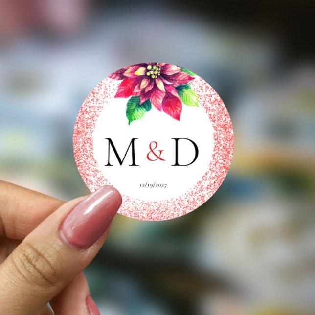 Christmas Red Glitter Poinsettia Initials Wedding Classic Round Sticker (Creator Uploaded)