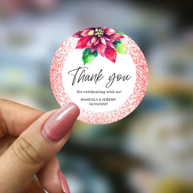 Christmas Red Glitter Poinsettia Thank you Wedding Classic Round Sticker (Creator Uploaded)