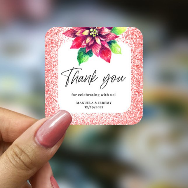 Christmas Red Glitter Poinsettia Thank you Wedding Square Sticker (Creator Uploaded)