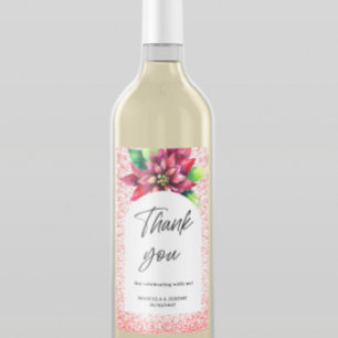 Christmas Red Glitter Poinsettia Thank you Wedding Wine Label