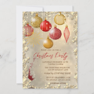 Christmas Red Gold Balls Wine Glass Company Party Invitation