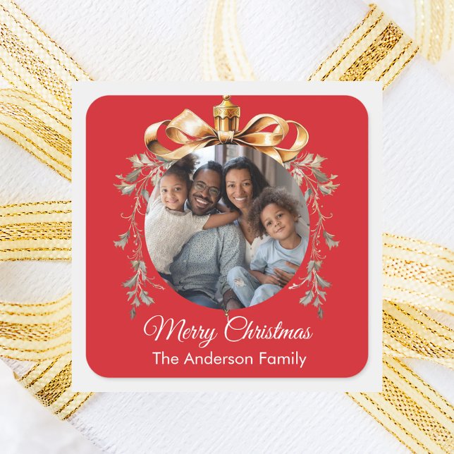 Christmas red gold bauble family photo square sticker (Creator Uploaded)