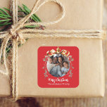 Christmas red gold bauble family photo square sticker<br><div class="desc">Red background. Personalise and add your own photo.  A golden Christmas tree bauble as frame. Add your family name.</div>