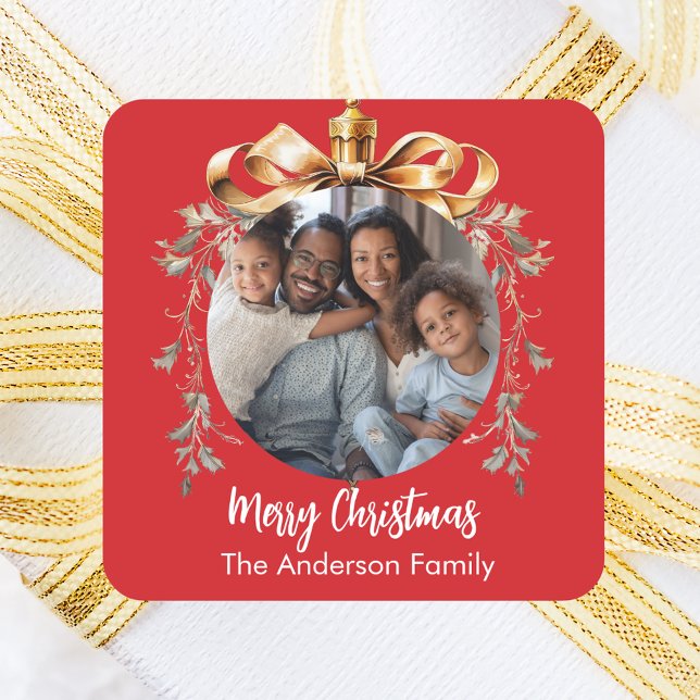 Christmas red gold bauble family photo square sticker (Creator Uploaded)