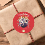 Christmas red gold bauble team photo logo classic round sticker<br><div class="desc">Red background. Personalise and add your own photo and company logo. A golden Christmas tree bauble as frame. Add a text,  name or your web url.  White text.</div>