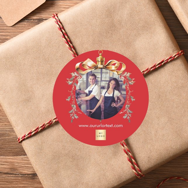 Christmas red gold bauble team photo logo classic round sticker (Creator Uploaded)